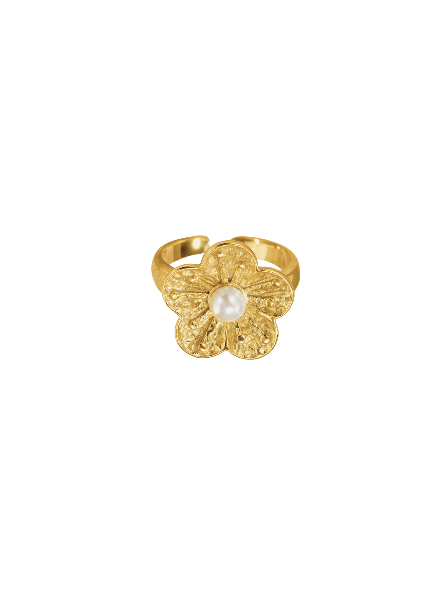 ONNNIII Textured Flower Ring Inlaid with Pearl - 18K Gold Plated