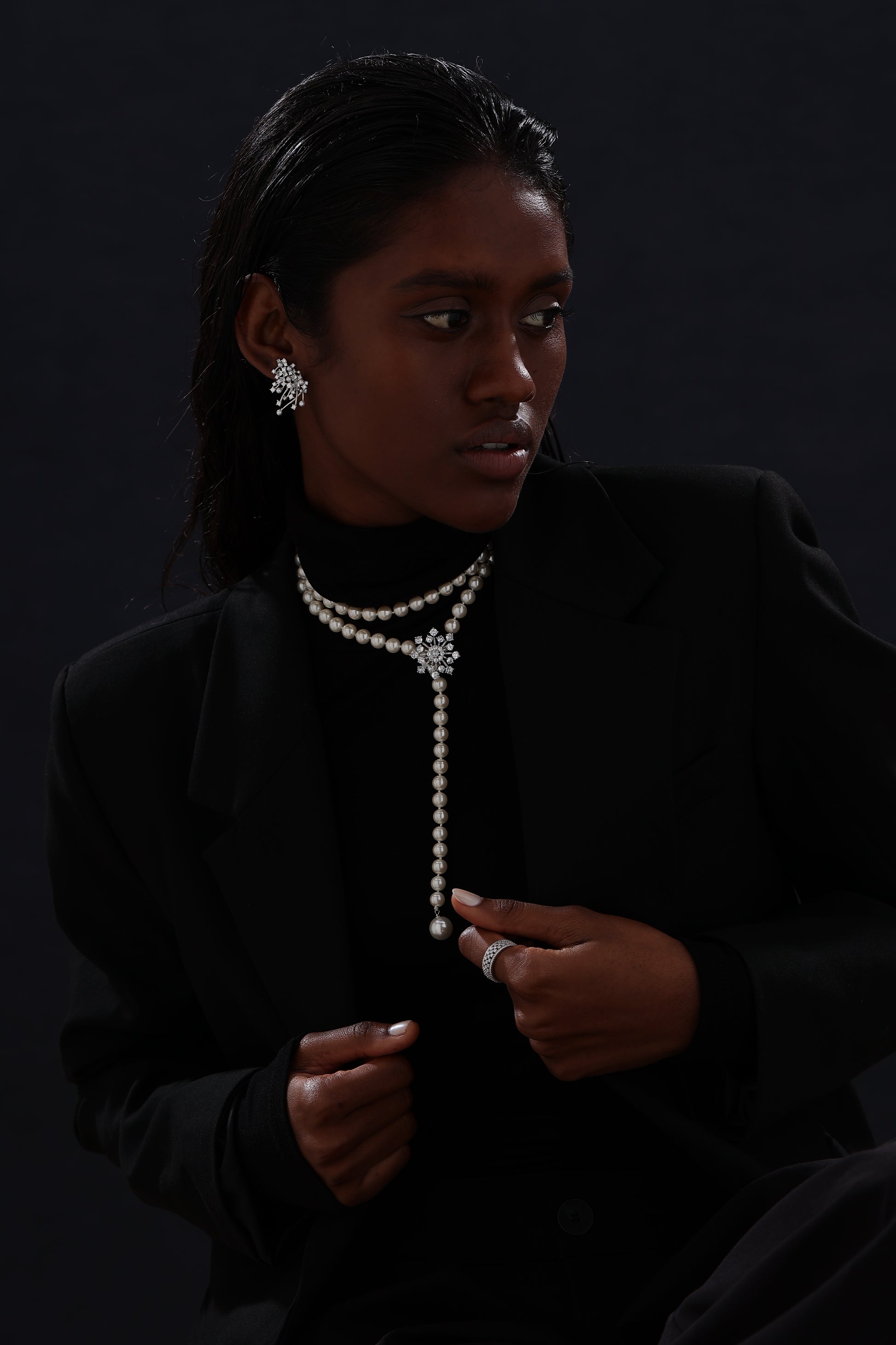 Snow Flower Pearl Drop Necklace - 4 Ways to Wear - White - Long Necklace - ONNNIII