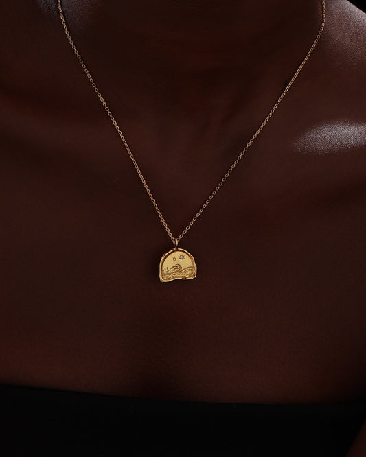 Textured Half Moon Star Ocean Pendant Necklace - 22K Gold Vermeil