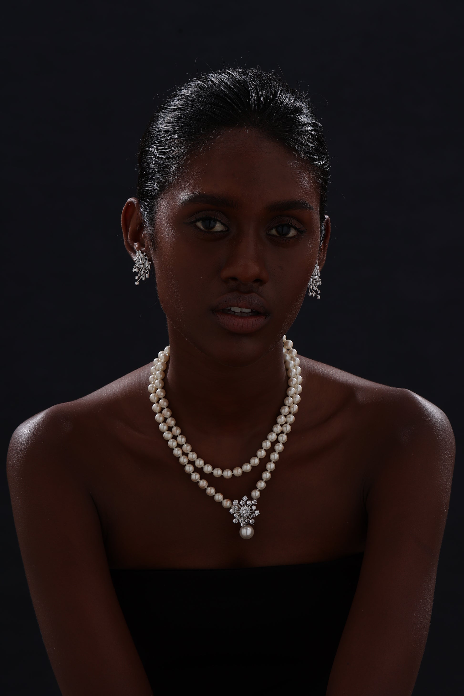 Snow Flower Pearl Drop Necklace - 4 Ways to Wear - White - Long Necklace - ONNNIII