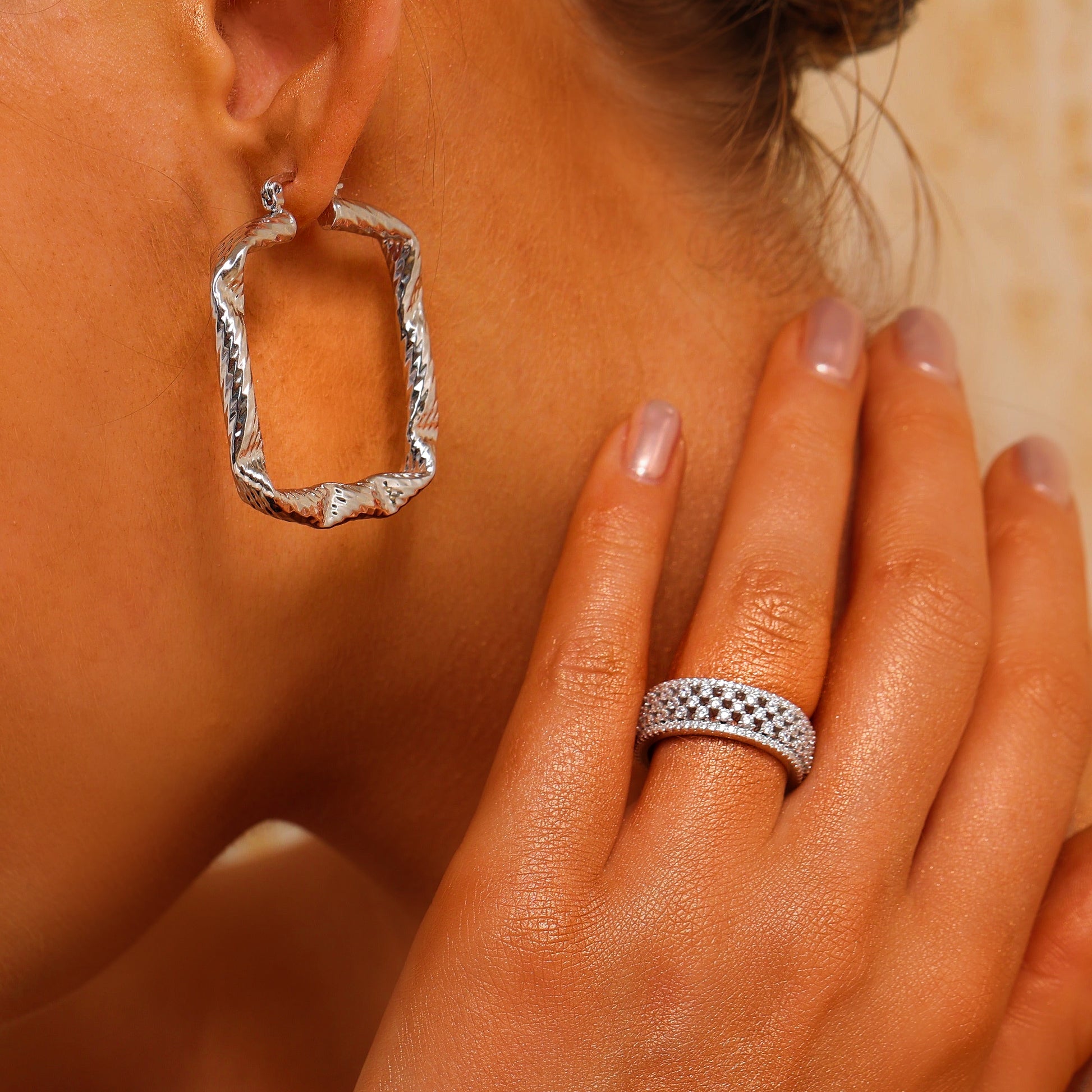 Square Twist Textured Hoop Earrings - Silver - Earrings - ONNNIII