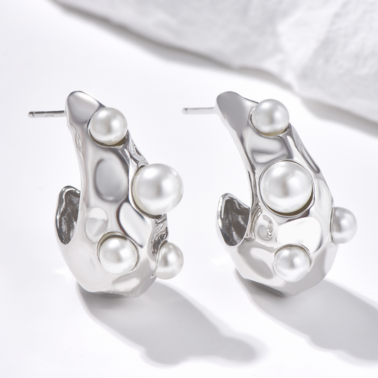 Textured Hoop Earrings Pearl Inlaid - Silver - Earrings - ONNNIII