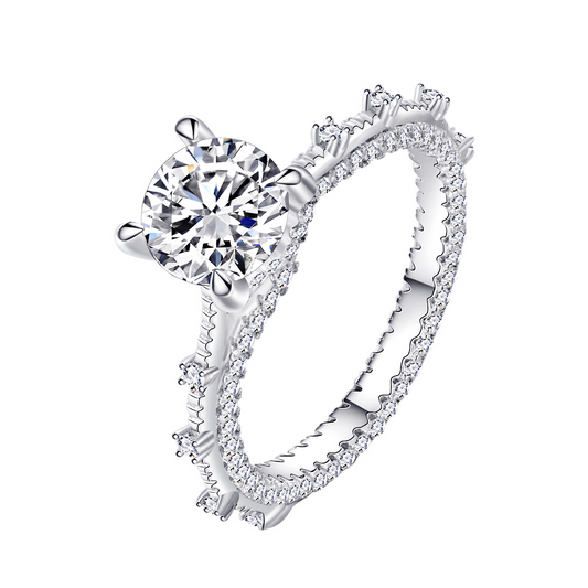 Round Cut High Carbon Diamond Pavé Ring in Four-Prong Setting 7mm - Rhodium Plated Sterling Silver - White - Ring - ONNNIII