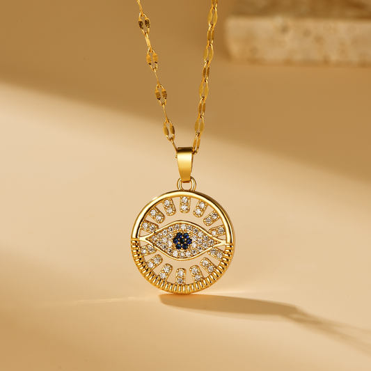 Evil Eye Circle Pendant Necklace - 18K Gold Plated - Hypoallergenic - Necklace - ONNNIII