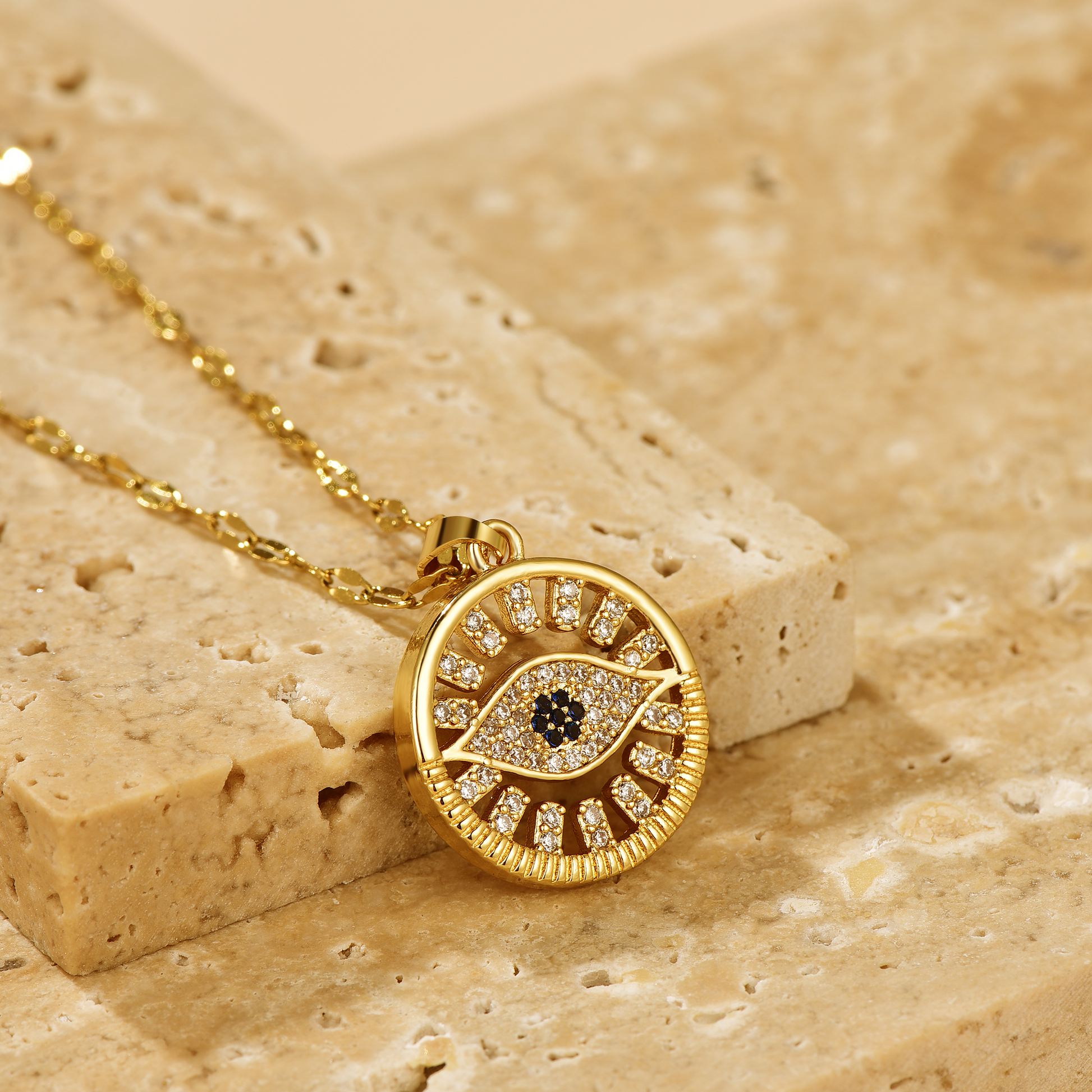 Evil Eye Engraved Circle Round Pendant Necklace 18K Gold Plated