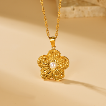 Flower Pendant Necklace Inlaid with Pearl - 18K Gold Plated - Hypoallergenic - Necklace - ONNNIII