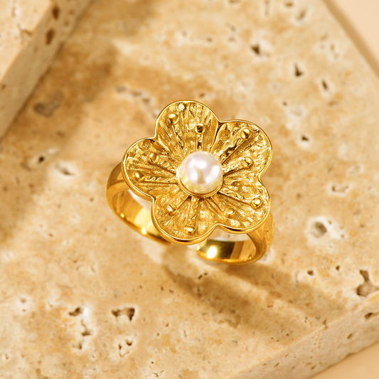 Flower Ring Inlaid with Pearl - 18K Gold Plated - Hypoallergenic - Ring - ONNNIII