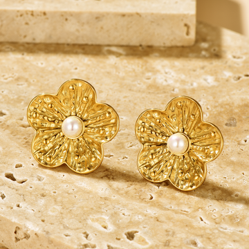 Flower Earrings Inlaid with Pearl - 18K Gold Plated - Hypoallergenic - Earrings - ONNNIII