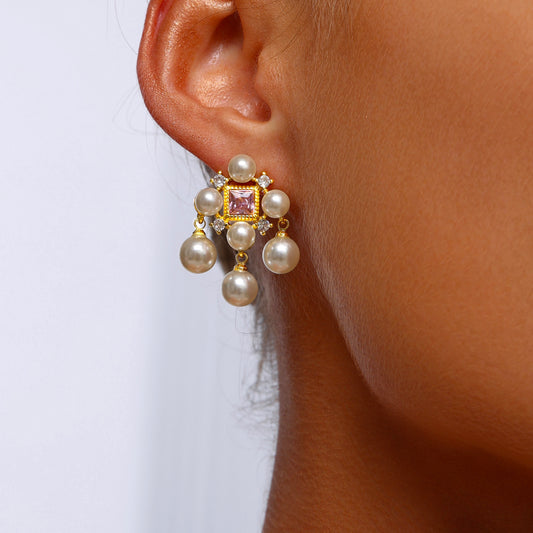 Pearl Chandelier Earrings with Pink Cubic Zirconia - 18K Gold Plated - Earrings - ONNNIII