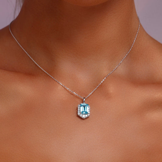 Halo Emerald Cut High Carbon Diamond Pendant Necklace - Rhodium Plated Sterling Silver - Aquamarine - Necklace - ONNNIII