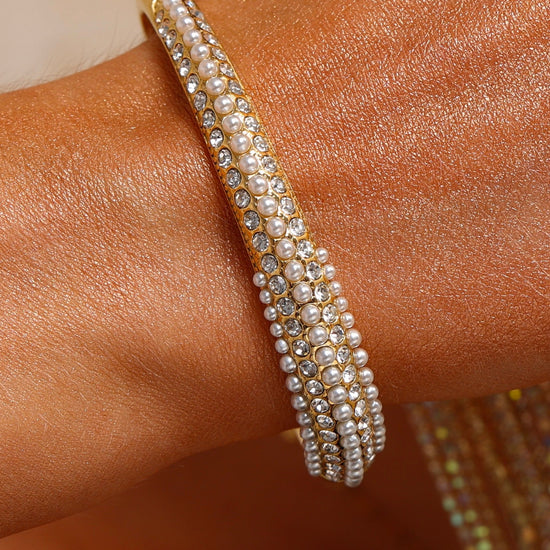Cuff Bangle Inlaid with Pearls & CZ - Bracelet - ONNNIII