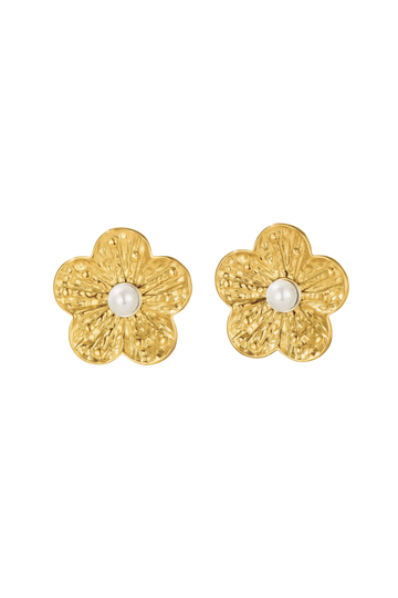Flower Earrings Inlaid with Pearl - Gold