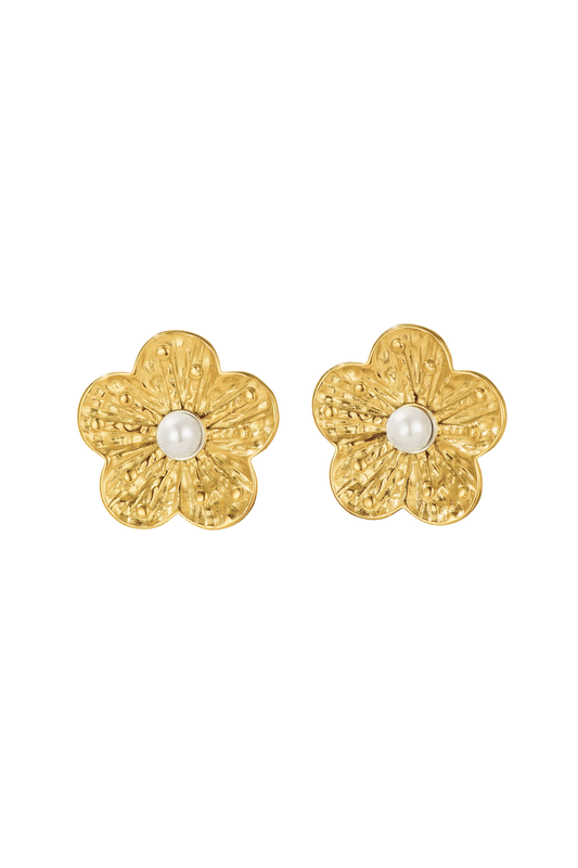 Flower Earrings Inlaid with Pearl - Gold