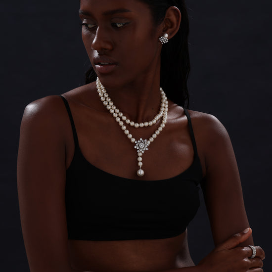 Snow Flower Pearl Drop Necklace - 4 Ways to Wear - White - Long Necklace - ONNNIII