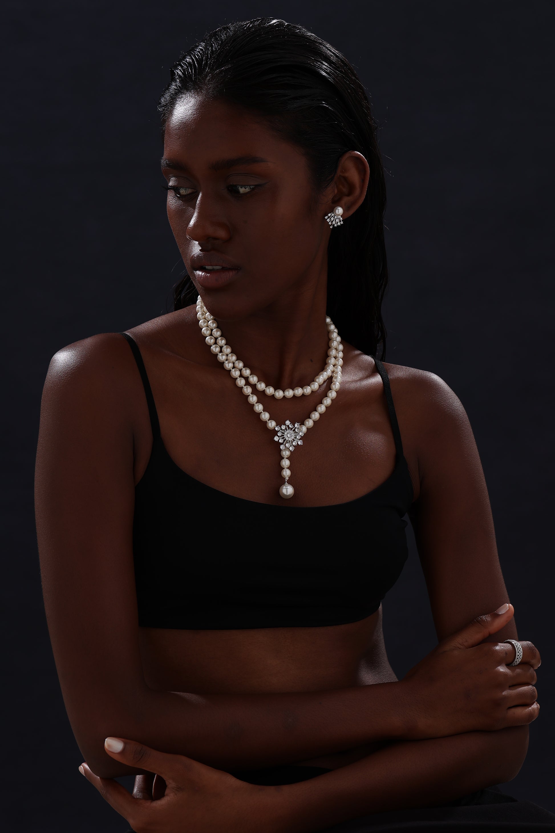 Snow Flower Pearl Drop Necklace - 4 Ways to Wear - White - Long Necklace - ONNNIII