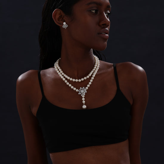 Snow Flower Pearl Drop Necklace - 4 Ways to Wear - White - Long Necklace - ONNNIII