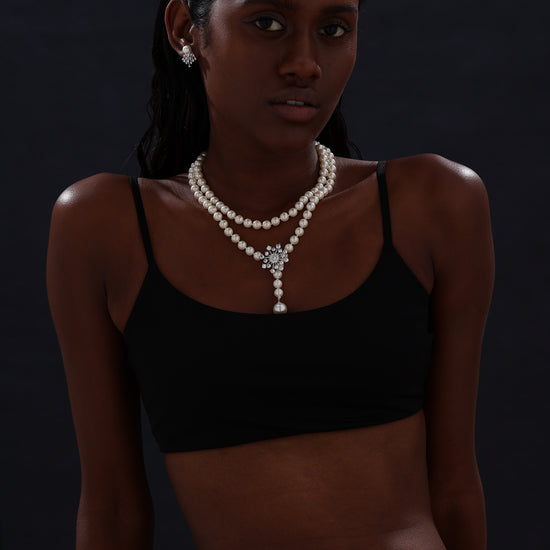 Snow Flower Pearl Drop Necklace - 4 Ways to Wear - White - Long Necklace - ONNNIII