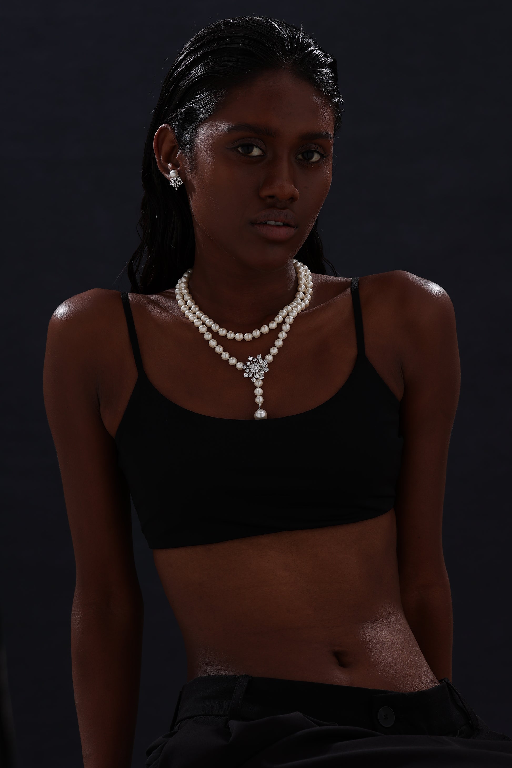 Snow Flower Pearl Drop Necklace - 4 Ways to Wear - White - Long Necklace - ONNNIII