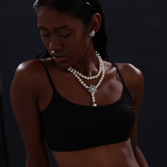 Snow Flower Pearl Drop Necklace - 4 Ways to Wear - White - Long Necklace - ONNNIII