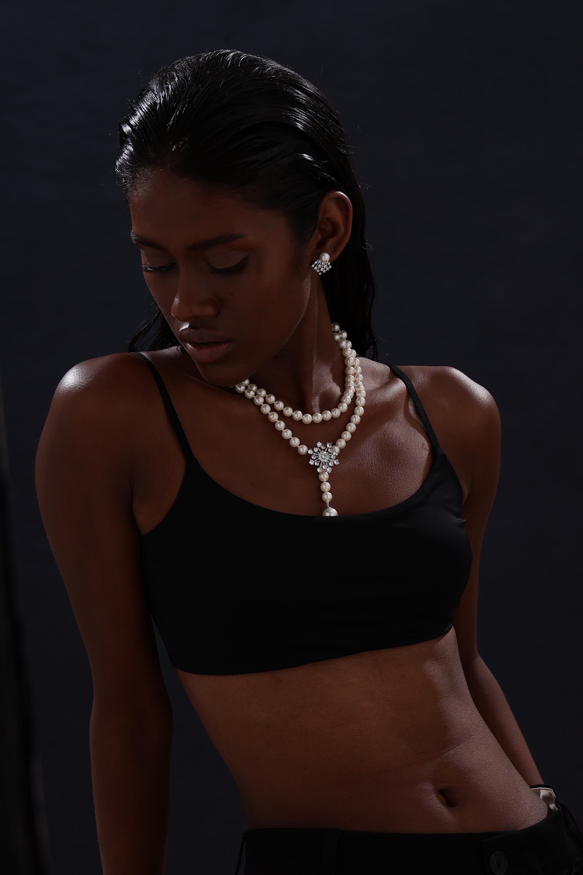 Snow Flower Pearl Drop Necklace - 4 Ways to Wear - White - Long Necklace - ONNNIII