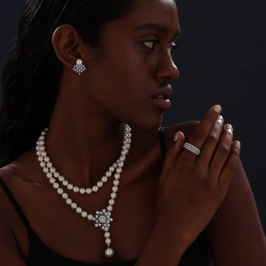 Snow Flower Pearl Drop Necklace - 4 Ways to Wear - White - Long Necklace - ONNNIII