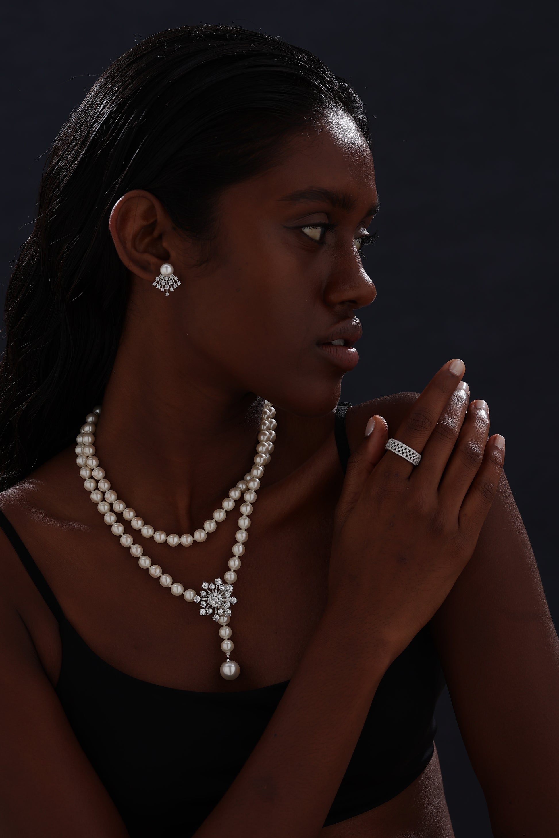 Snow Flower Pearl Drop Necklace - 4 Ways to Wear - White - Long Necklace - ONNNIII