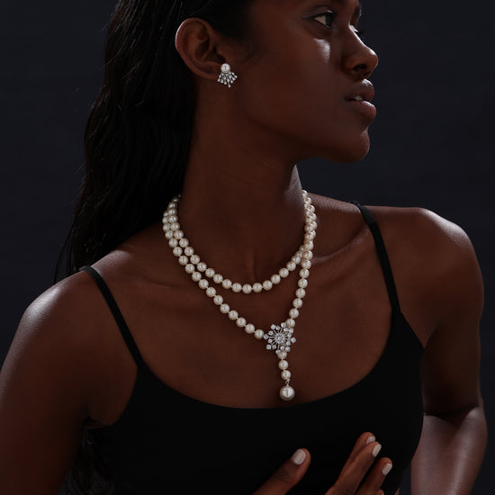 Snow Flower Pearl Drop Necklace - 4 Ways to Wear - White - Long Necklace - ONNNIII