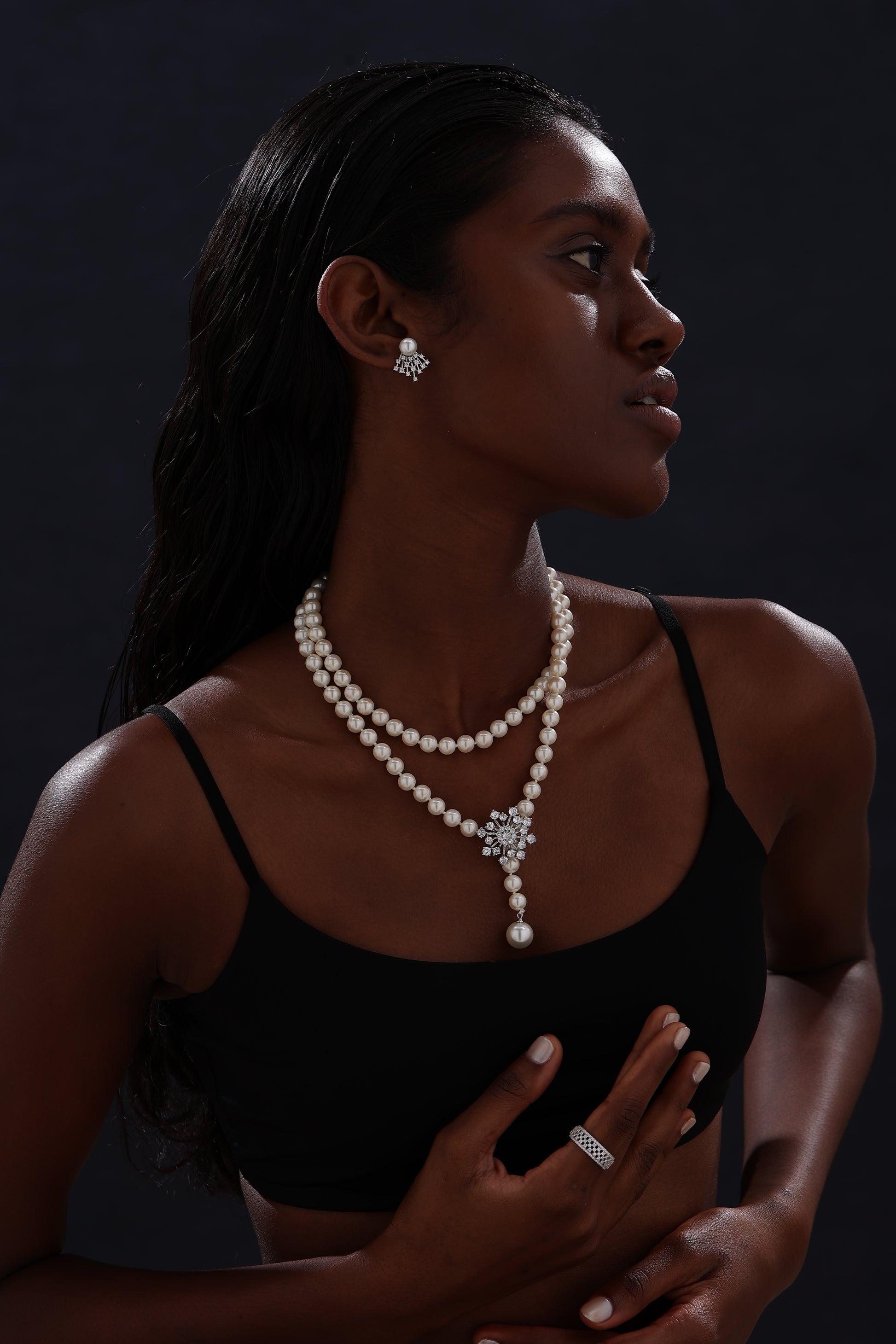 Snow Flower Pearl Drop Necklace - 4 Ways to Wear - White - Long Necklace - ONNNIII