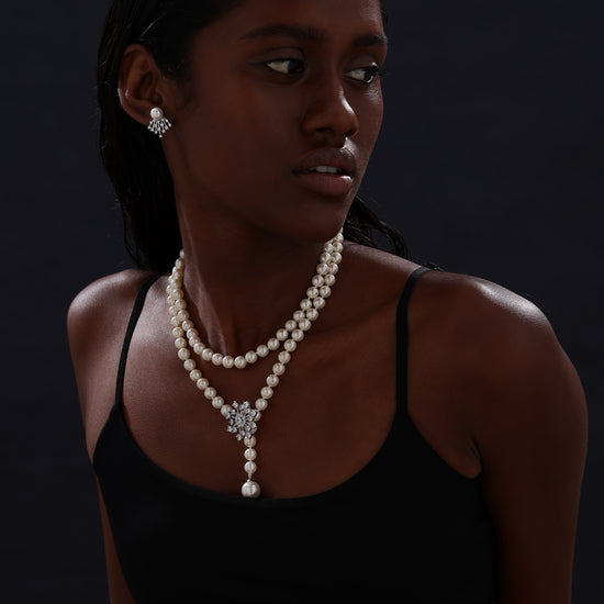 Snow Flower Pearl Drop Necklace - 4 Ways to Wear - White - Long Necklace - ONNNIII