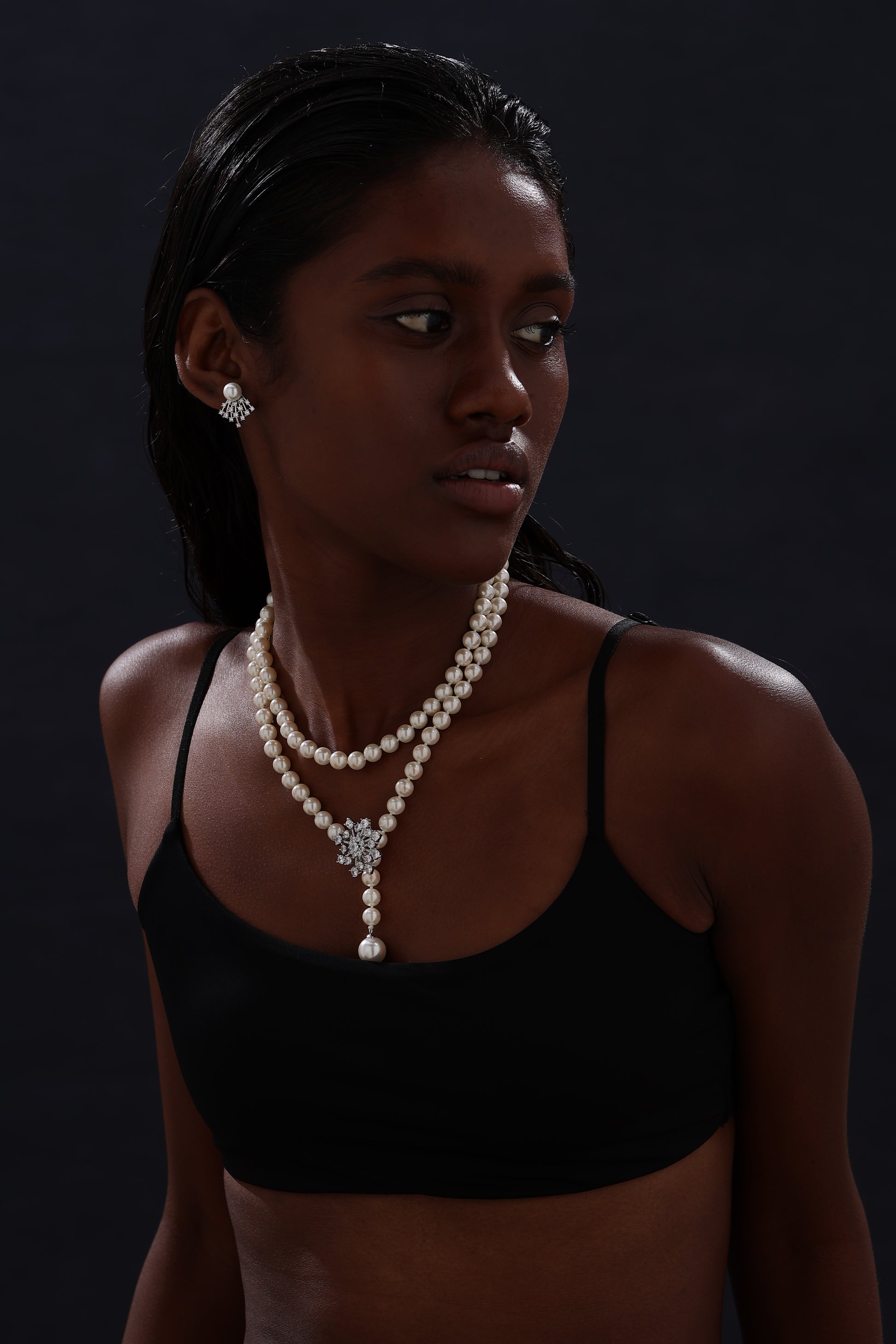 Snow Flower Pearl Drop Necklace - 4 Ways to Wear - White - Long Necklace - ONNNIII