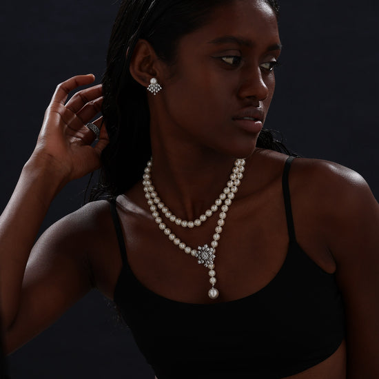 Snow Flower Pearl Drop Necklace - 4 Ways to Wear - White - Long Necklace - ONNNIII