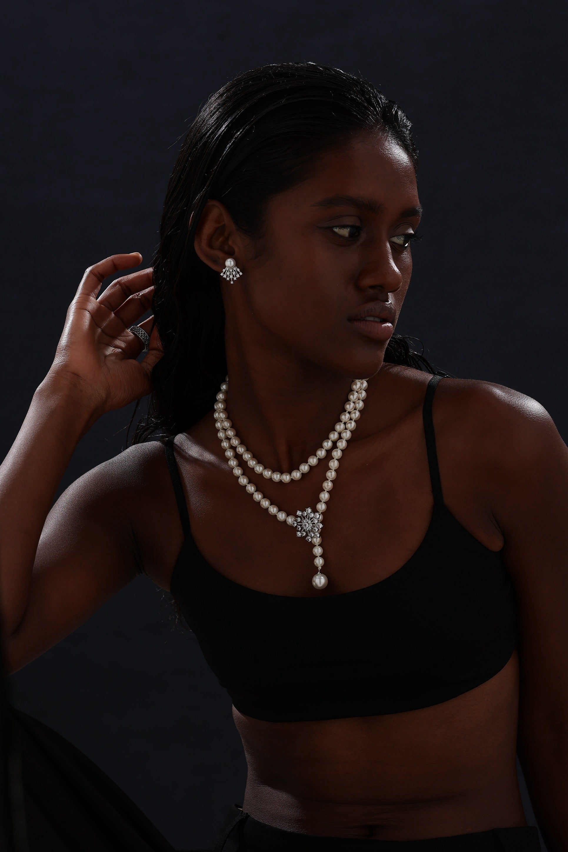 Snow Flower Pearl Drop Necklace - 4 Ways to Wear - White - Long Necklace - ONNNIII