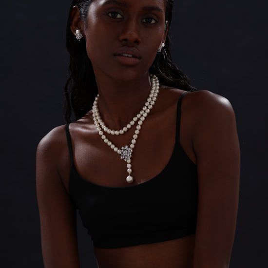 Snow Flower Pearl Drop Necklace - 4 Ways to Wear - White - Long Necklace - ONNNIII