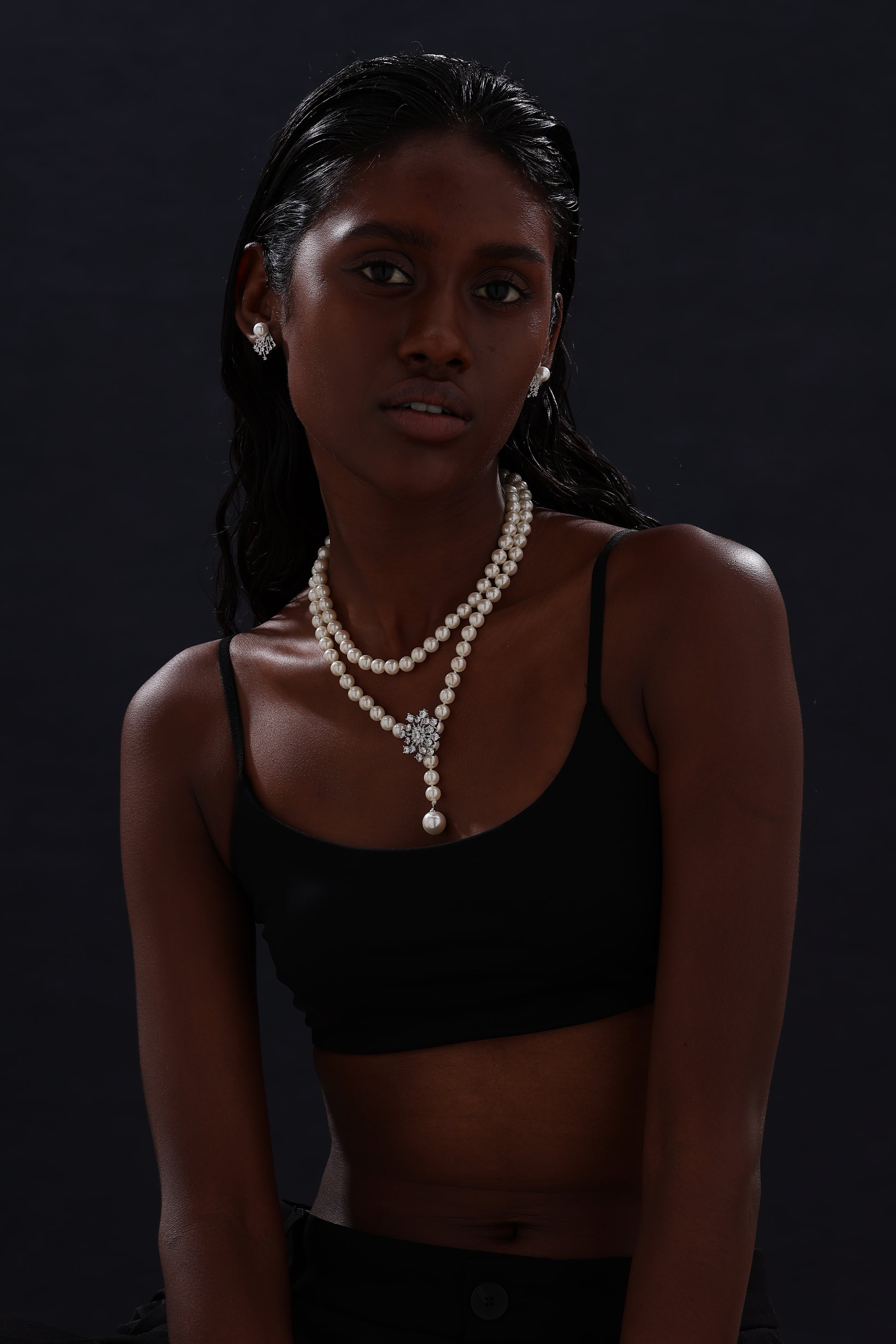 Snow Flower Pearl Drop Necklace - 4 Ways to Wear - White - Long Necklace - ONNNIII