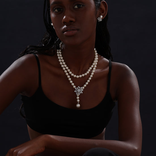 Snow Flower Pearl Drop Necklace - 4 Ways to Wear - White - Long Necklace - ONNNIII