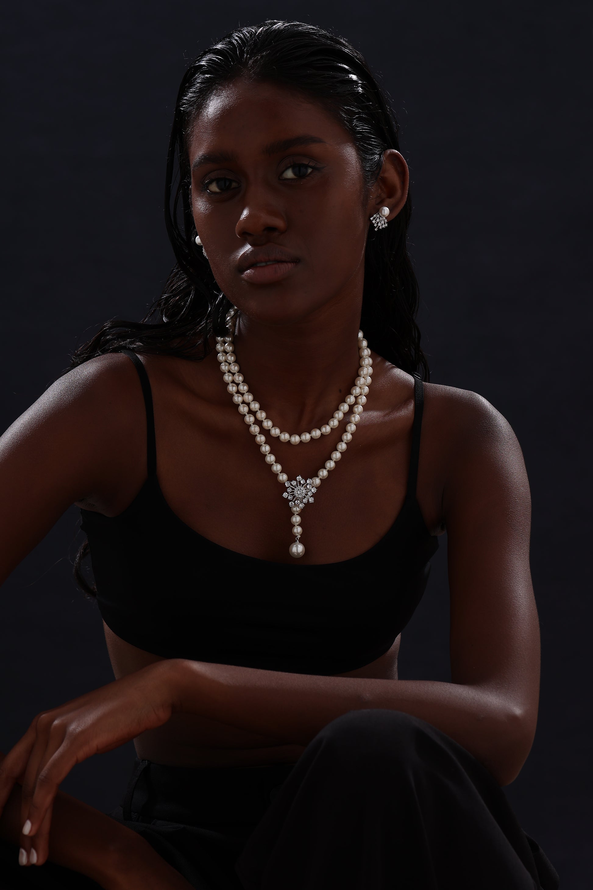 Snow Flower Pearl Drop Necklace - 4 Ways to Wear - White - Long Necklace - ONNNIII