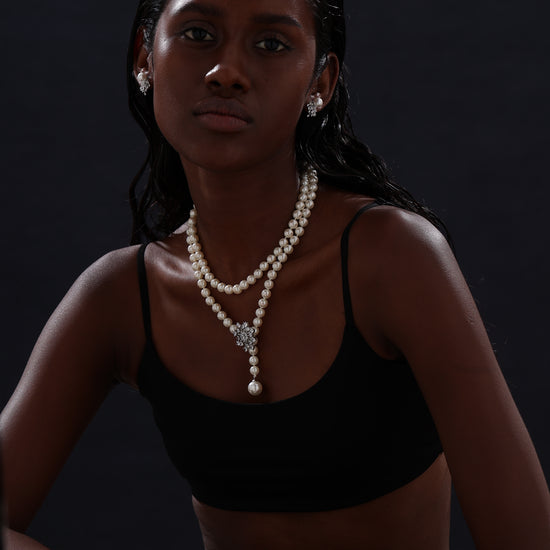 Snow Flower Pearl Drop Necklace - 4 Ways to Wear - White - Long Necklace - ONNNIII