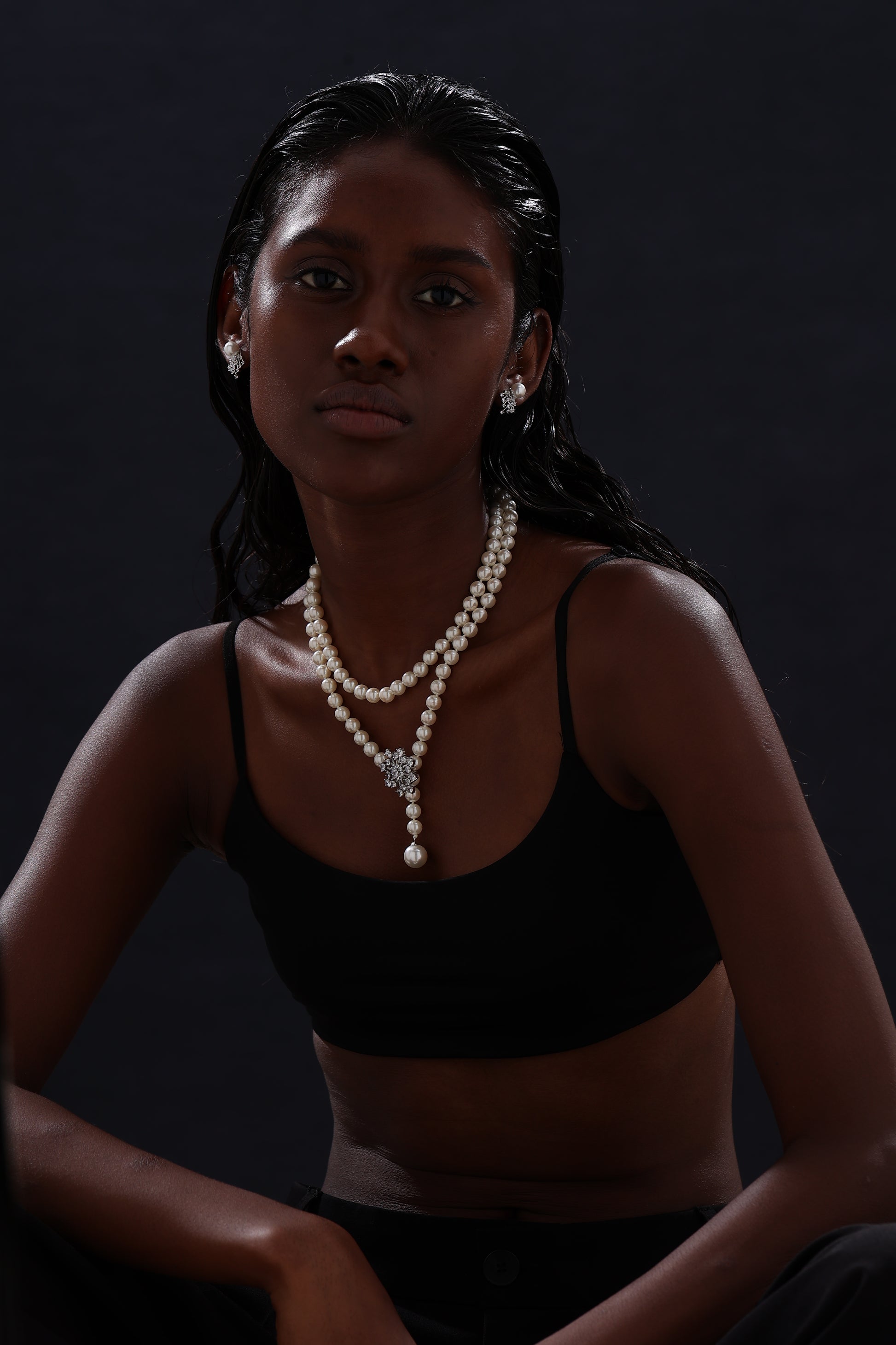 Snow Flower Pearl Drop Necklace - 4 Ways to Wear - White - Long Necklace - ONNNIII