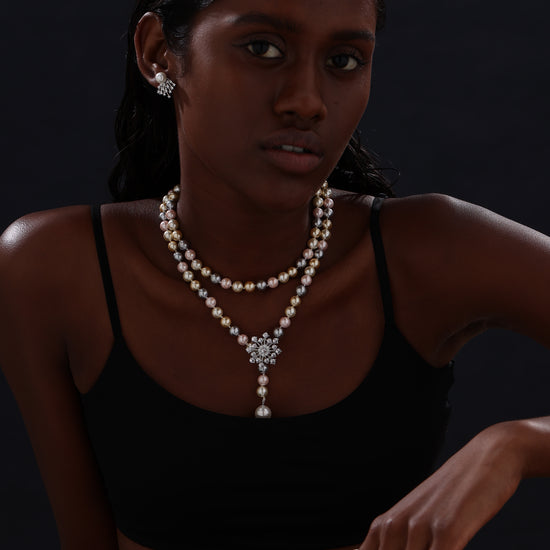 Snow Flower Pearl Drop Necklace - 4 Ways to Wear - Multicolour - Long Necklace - ONNNIII