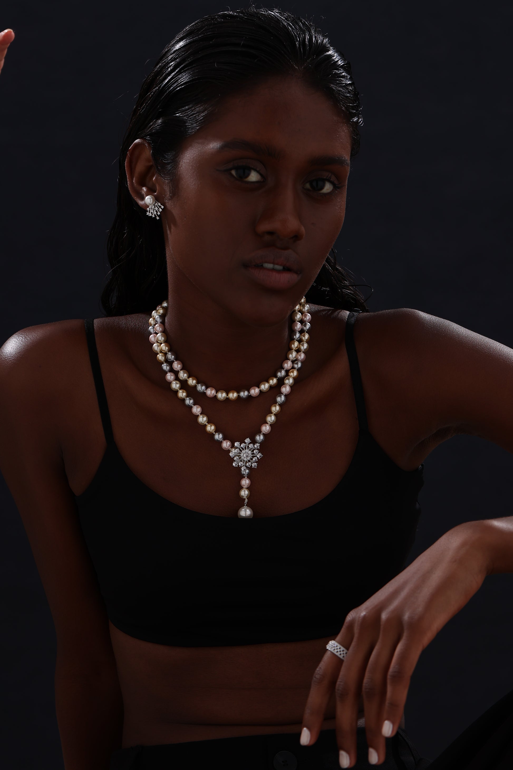 Snow Flower Pearl Drop Necklace - 4 Ways to Wear - Multicolour - Long Necklace - ONNNIII