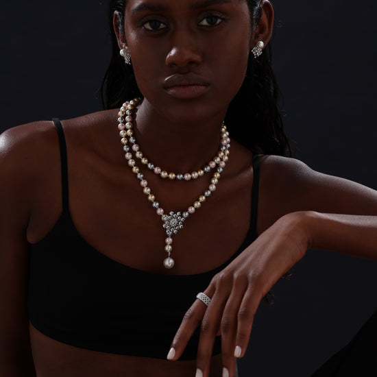 Snow Flower Pearl Drop Necklace - 4 Ways to Wear - Multicolour - Long Necklace - ONNNIII