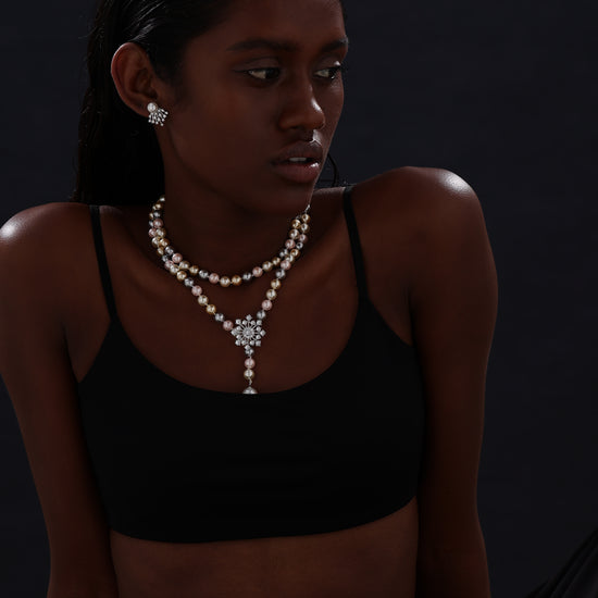 Snow Flower Pearl Drop Necklace - 4 Ways to Wear - Multicolour - Long Necklace - ONNNIII