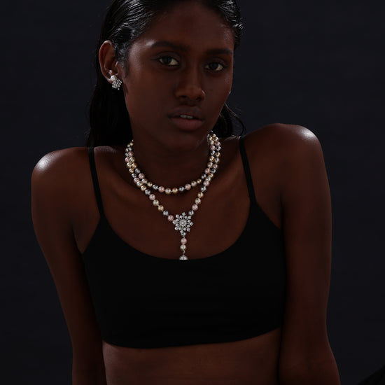 Snow Flower Pearl Drop Necklace - 4 Ways to Wear - Multicolour - Long Necklace - ONNNIII