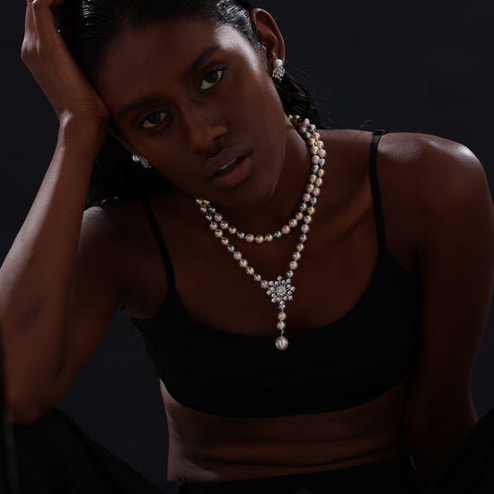 Snow Flower Pearl Drop Necklace - 4 Ways to Wear - Multicolour - Long Necklace - ONNNIII