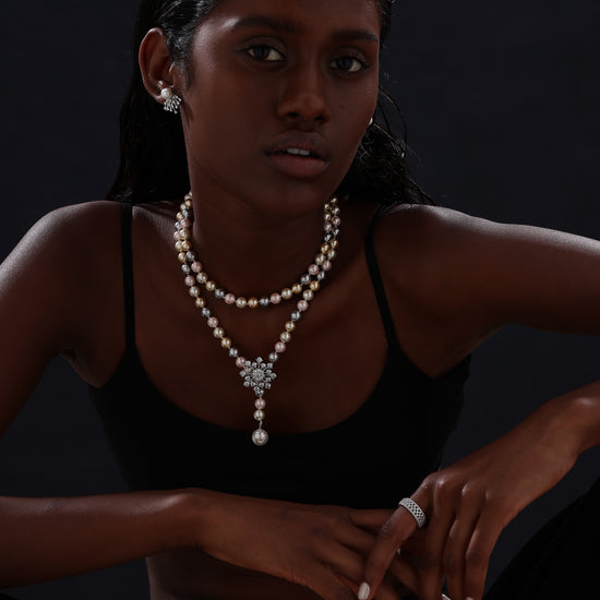 Snow Flower Pearl Drop Necklace - 4 Ways to Wear - Multicolour - Long Necklace - ONNNIII