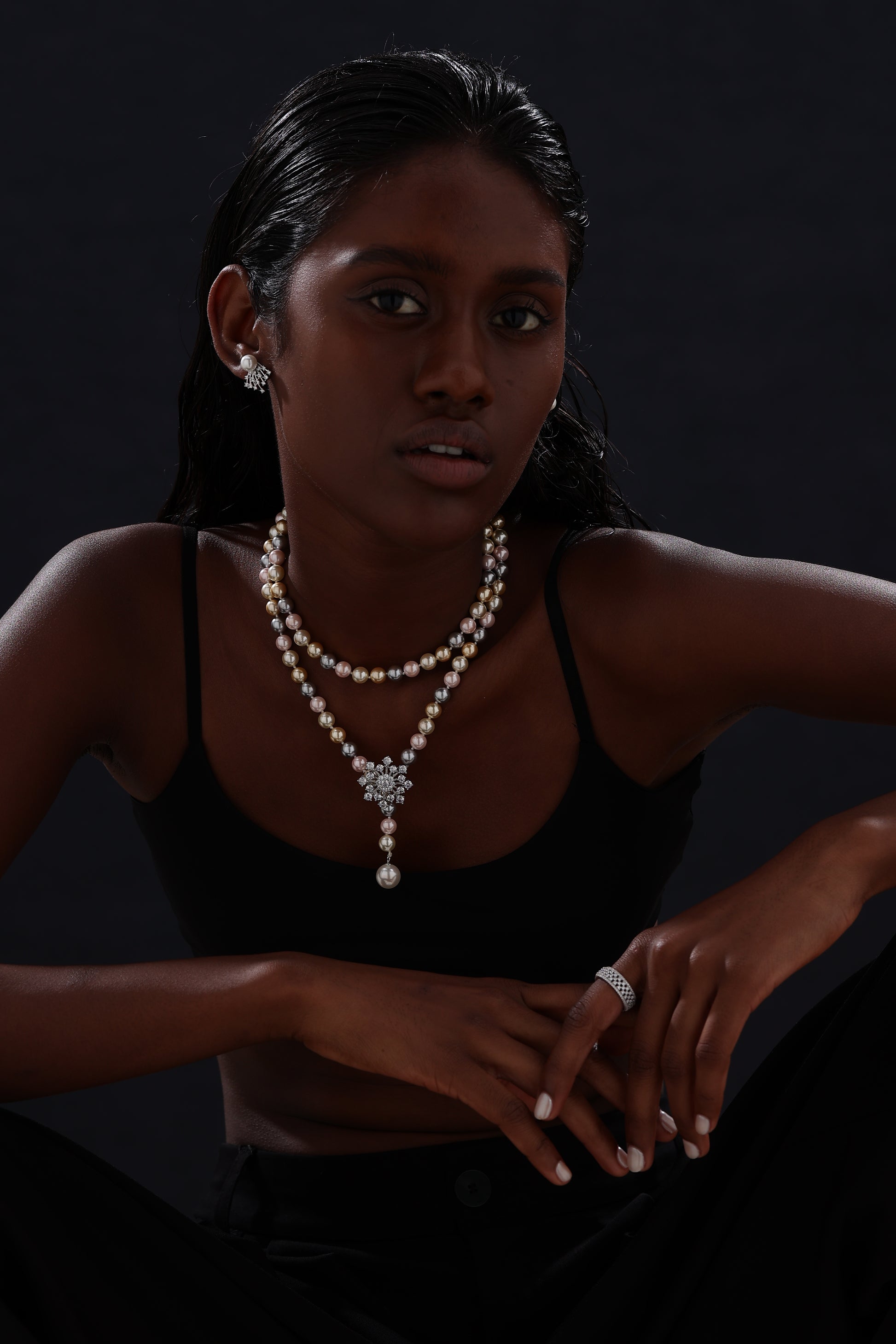 Snow Flower Pearl Drop Necklace - 4 Ways to Wear - Multicolour - Long Necklace - ONNNIII