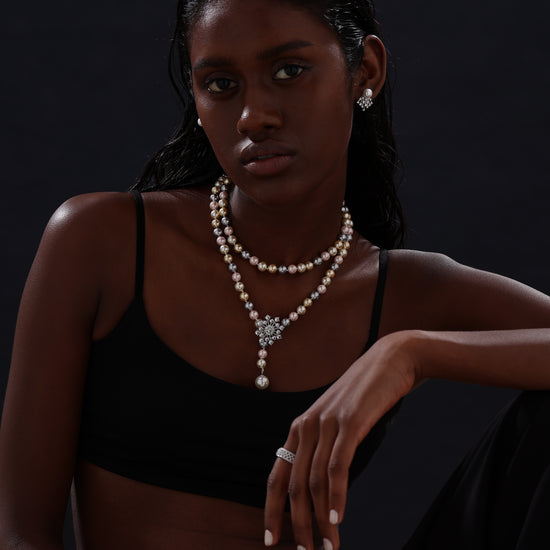 Snow Flower Pearl Drop Necklace - 4 Ways to Wear - Multicolour - Long Necklace - ONNNIII