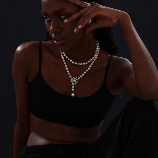 Snow Flower Pearl Drop Necklace - 4 Ways to Wear - Multicolour - Long Necklace - ONNNIII
