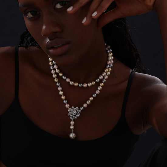 Snow Flower Pearl Drop Necklace - 4 Ways to Wear - Multicolour - Long Necklace - ONNNIII