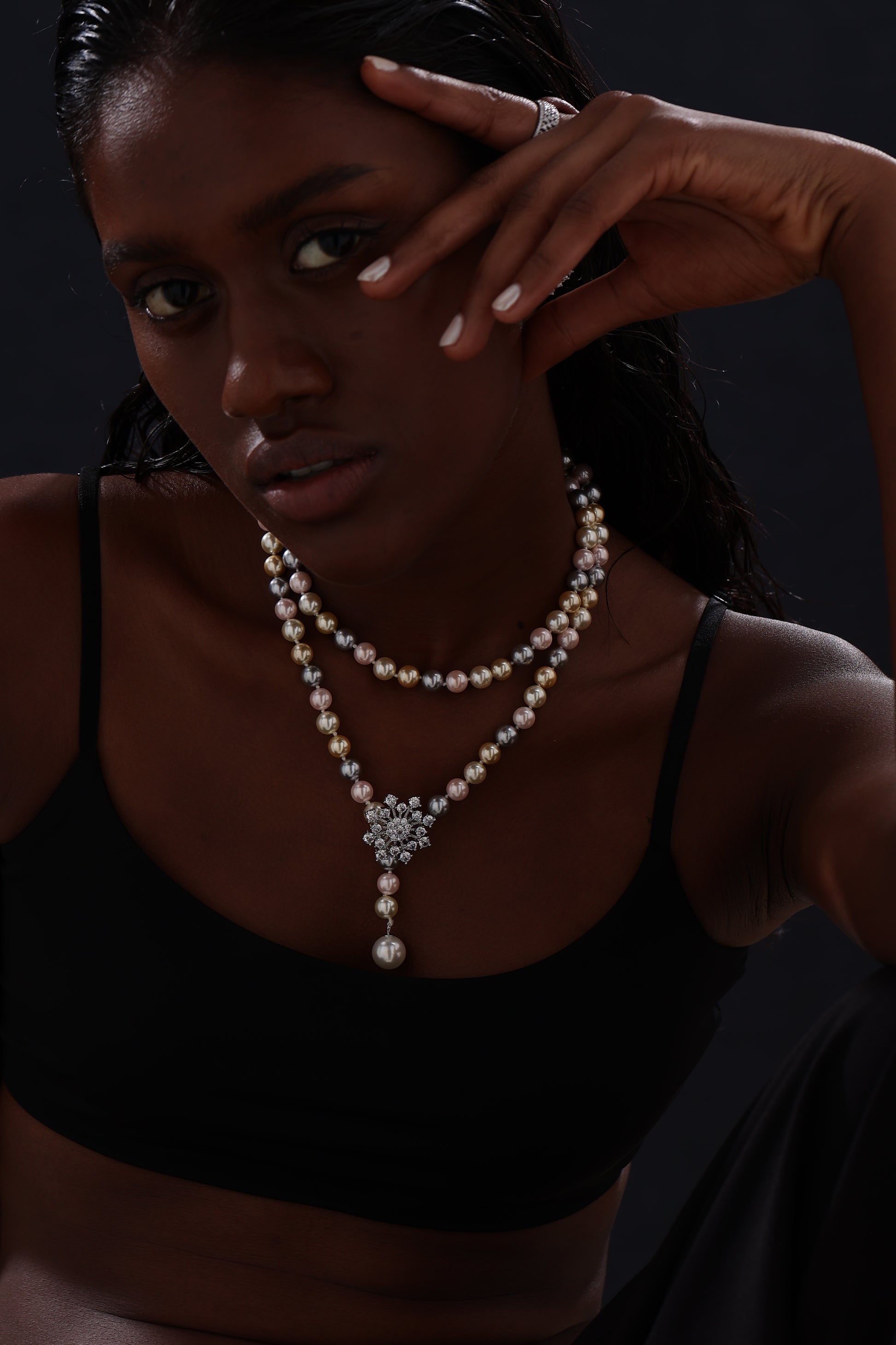 Snow Flower Pearl Drop Necklace - 4 Ways to Wear - Multicolour - Long Necklace - ONNNIII